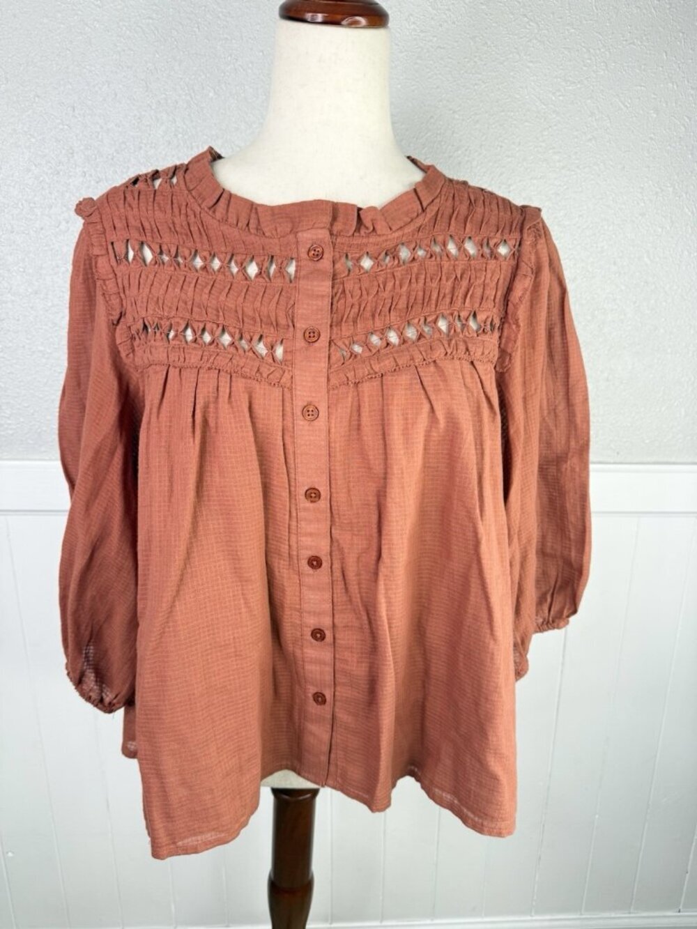 Calypso St Barth Blouse Womens Large Rust Cotton Boho Dark Cottage Boho Coastal